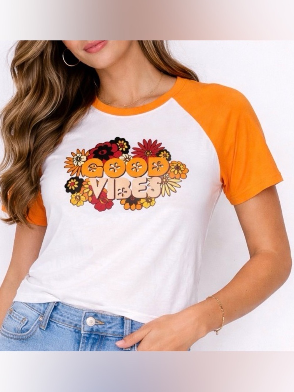 Orange Kiss brand orange & white ribbed 70's style cropped "good vibes" SZ SM